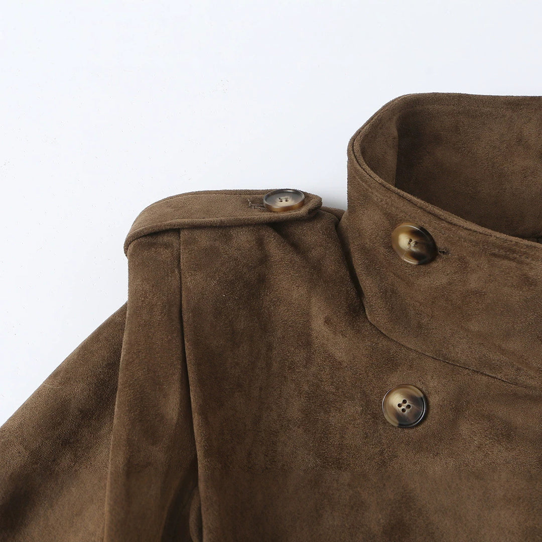 Women Short Double-Breasted Suede Jacket with Stand-Up Collar and Epaulettes Mune Fashion