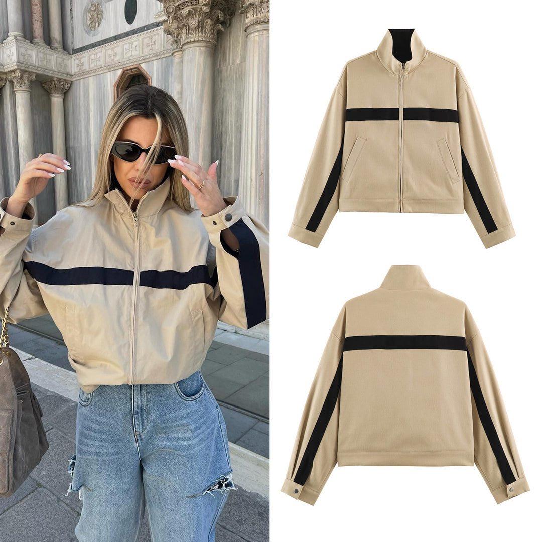 Unisex Short Cut Track Jacket with Stand-Up Collar, Contrast Stripes and Zipper Mune Fashion