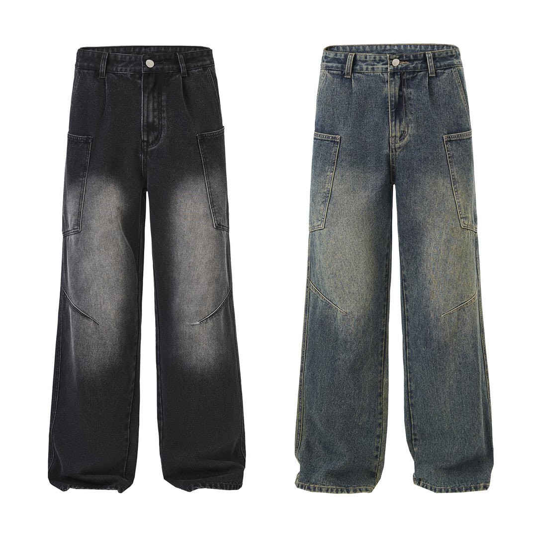 Men's Ultra-Wide Stonewashed Denim Palazzo Cargo Pants with Large Patch Pockets Mune Fashion