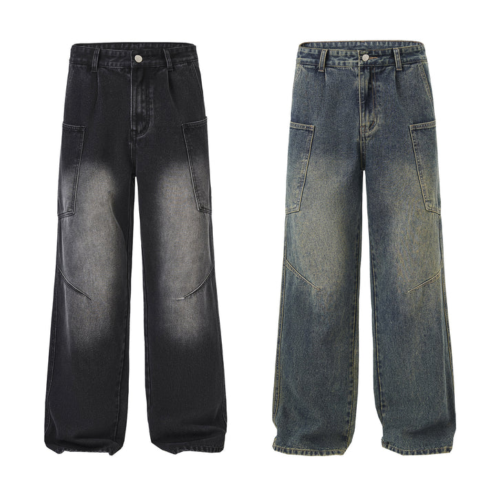Men's Ultra-Wide Stonewashed Denim Palazzo Cargo Pants with Large Patch Pockets Mune Fashion
