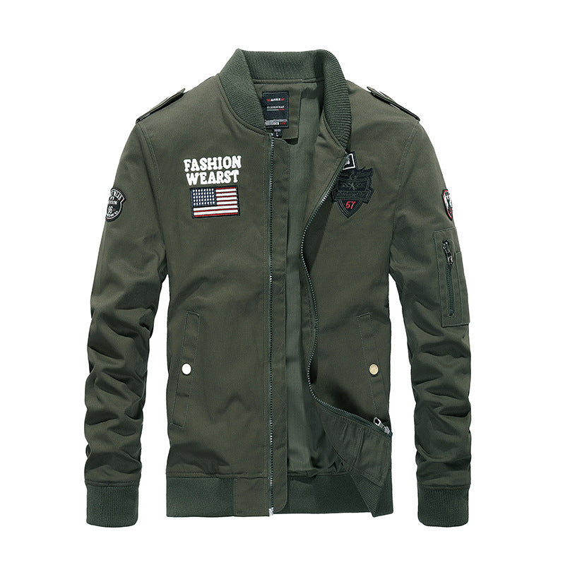 Men's Vintage Canvas Bomber Jacket with Patch Applications and Arm Pocket Mune Fashion