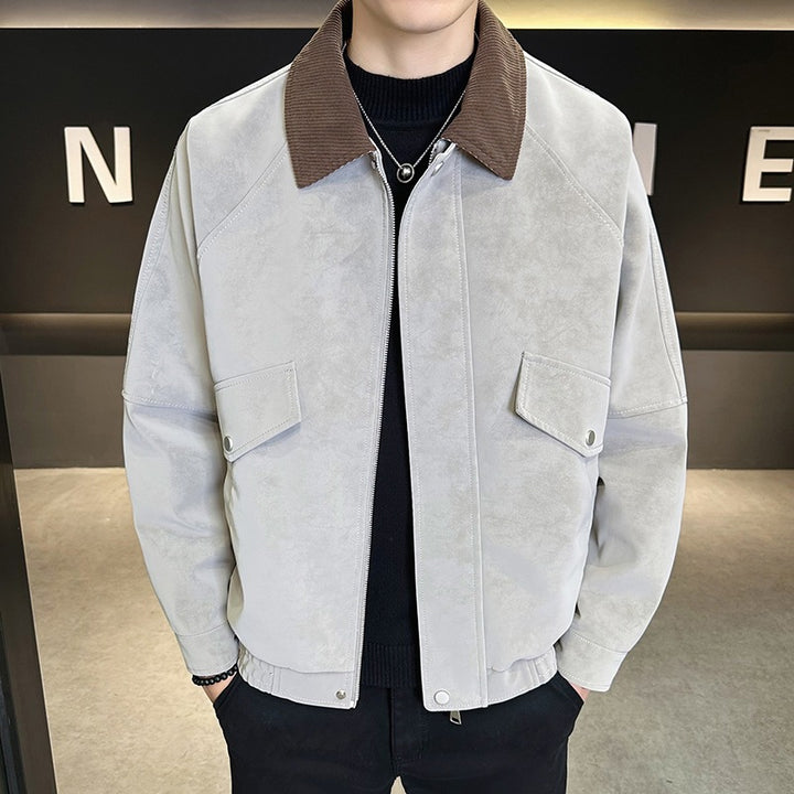 Men's Oversized Velour-Look Transitional Blouson with Shirt Collar, Zipper & Elastic Hem