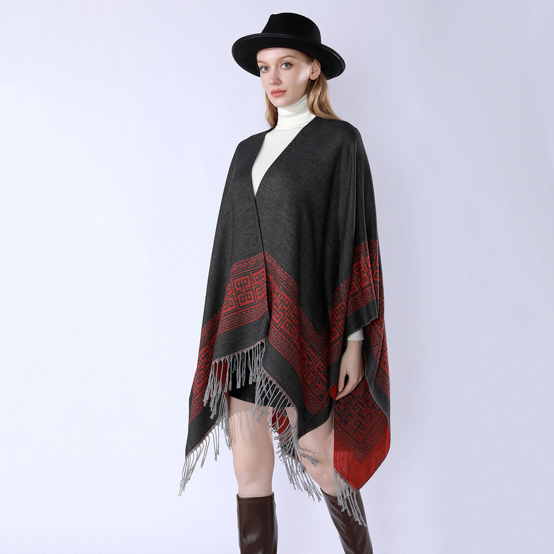 Women's Reversible Wool Blend Kimono Style Wrap with Ornamental Border and Decorative Fringes