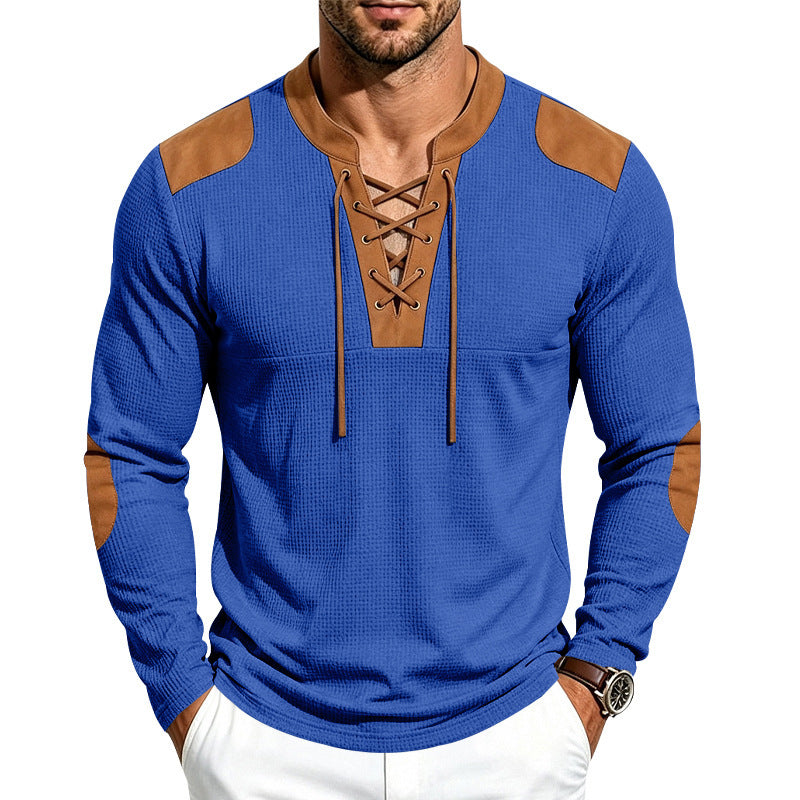 Men's waffle texture henley with lace-up collar and faux leather patches Mune Fashion