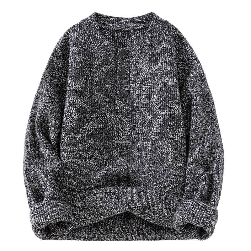 Unisex chunky knit Henley pullover with half button placket and ribbed texture Mune Fashion