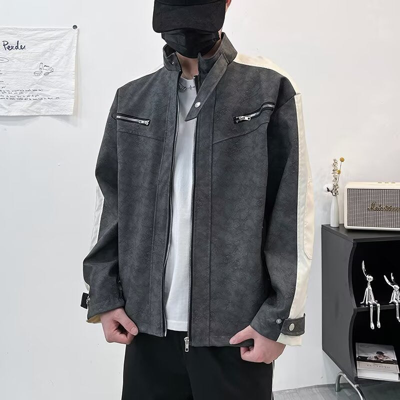 Men's Contrast Sleeveless Oversized Faux Leather Utility Jacket with Stand Collar Mune Fashion