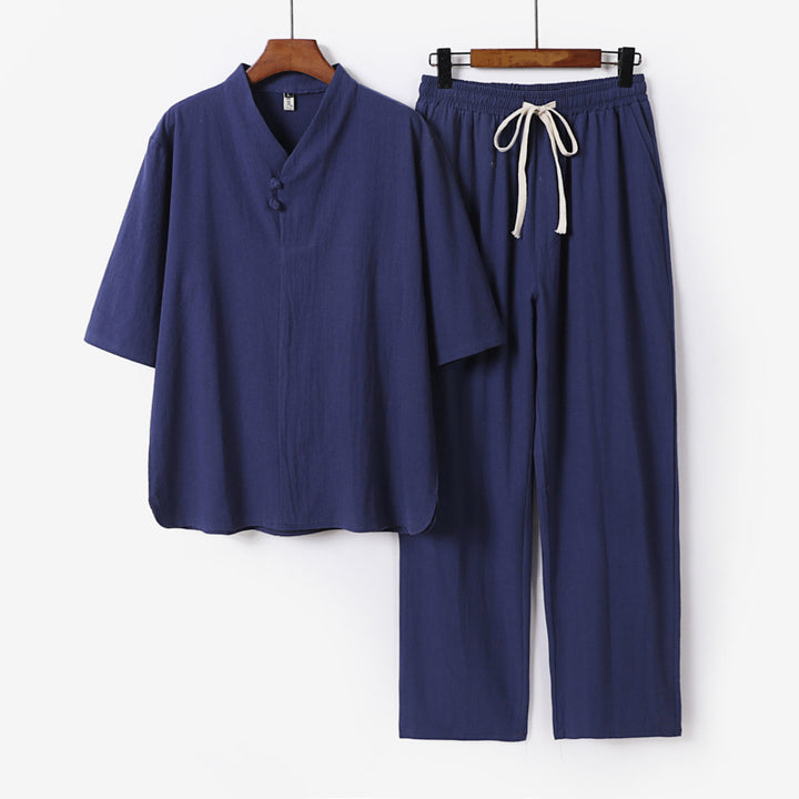 Men's Two-Piece Lightweight Loungewear Set with Stand Collar Short Sleeve Shirt and Drawstring Pants Mune Fashion