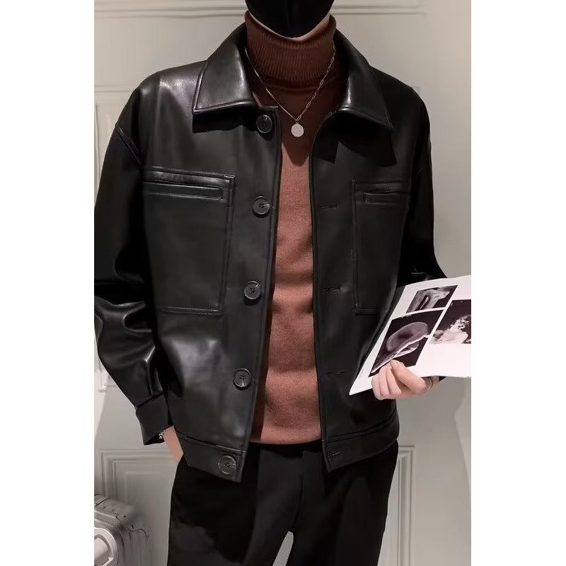 Men's Boxy Overshirt in Leather Look with Shirt Collar and Patch Breast Pockets Mune Fashion