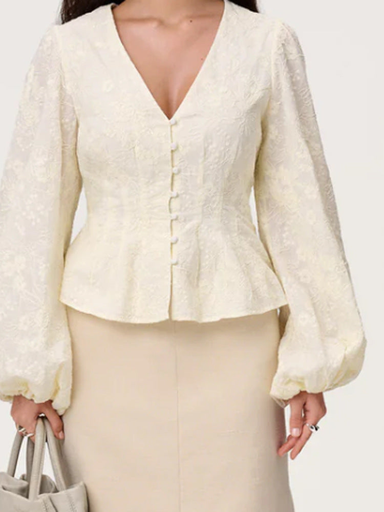 Women's jacquard lace blouse with fitted peplum and balloon sleeves Mune Fashion