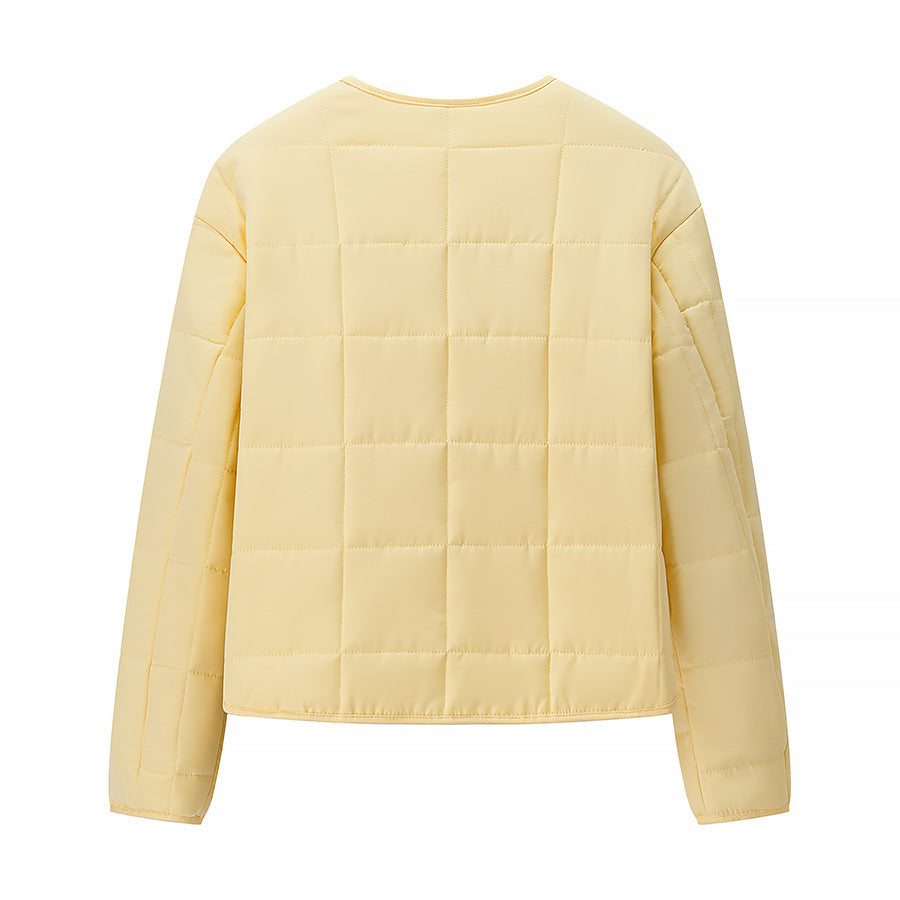 Women Lightweight Quilted Short Jacket with Crew Neck and Patch Pockets Mune Fashion
