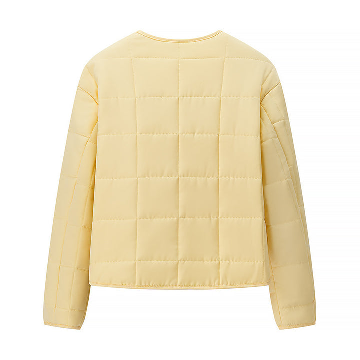 Women Lightweight Quilted Short Jacket with Crew Neck and Patch Pockets Mune Fashion