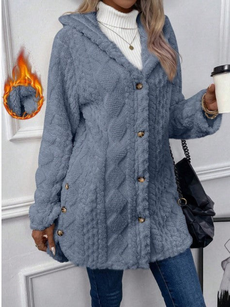 Women's hooded teddy coat with cable pattern, decorative buttons and warm fleece lining Mune Fashion