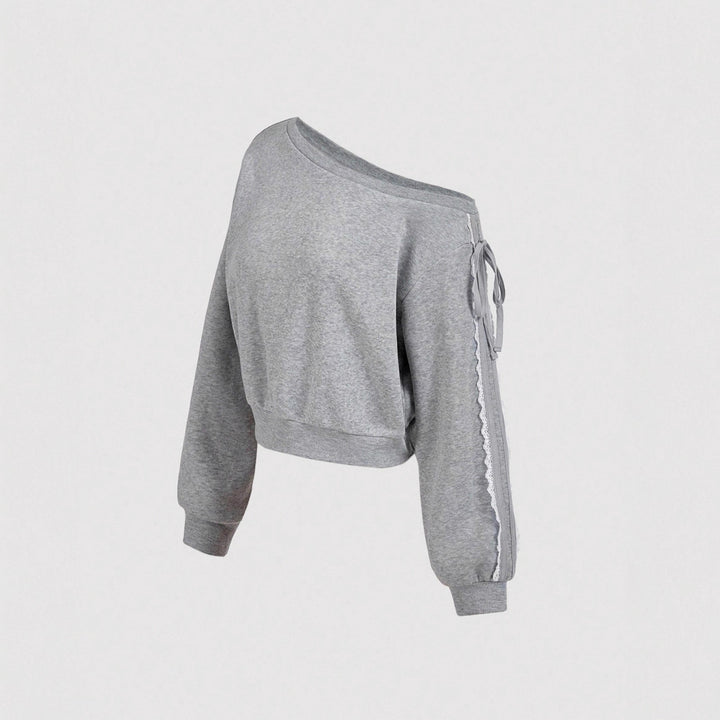 Women's Cropped One-Shoulder Sweatshirt with Balloon Sleeves and Lacing Detail Mune Fashion