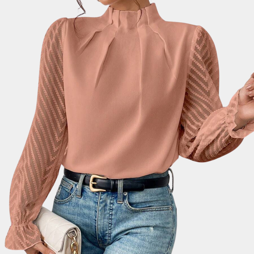 Women's Elegant Chiffon Blouse with Stand-Up Collar, Pleated Edge and Transparent Jacquard Sleeves Drune