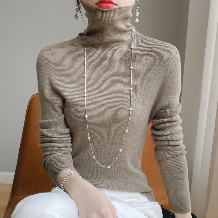 Women Slim Turtleneck Fine Knit Sweater with Elastic Rib Structure and Minimalist Silhouette Mune Fashion