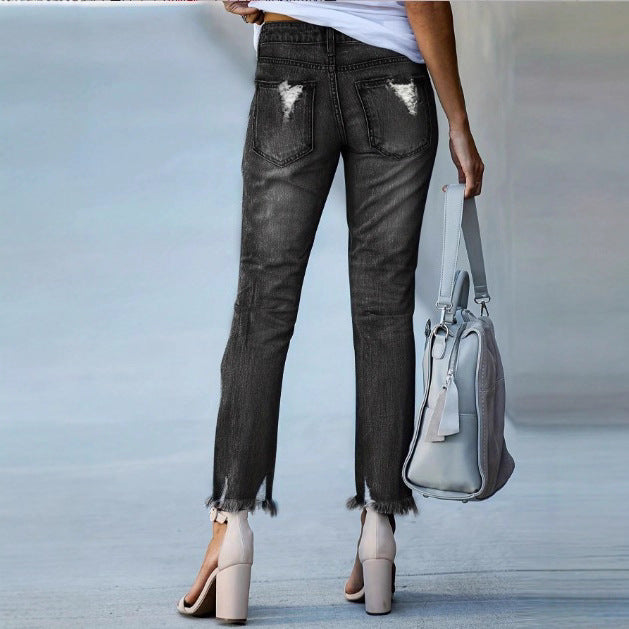 Women Cropped Destroyed Jeans with High Waist, Straight Leg & Raw Frayed Hem Mune Fashion