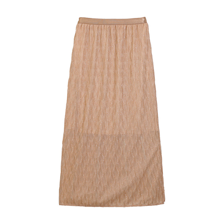 Women's embroidered midi maxi skirt with fine glitter mesh and elastic comfort waistband.