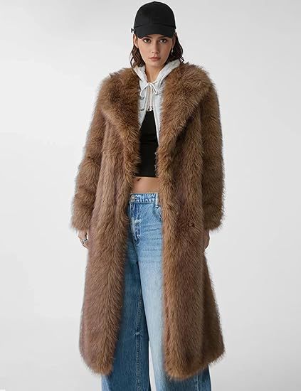 Women's Elegant Maxi Faux Fur Coat with Wide Shawl Collar and Straight Cut Mune Fashion
