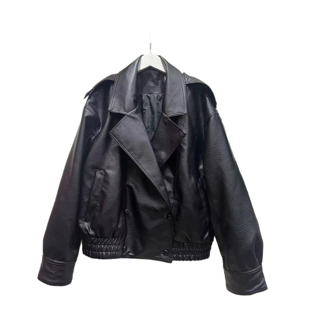 Women's cropped double-breasted faux leather blouson with wide collar and elastic hem Mune Fashion