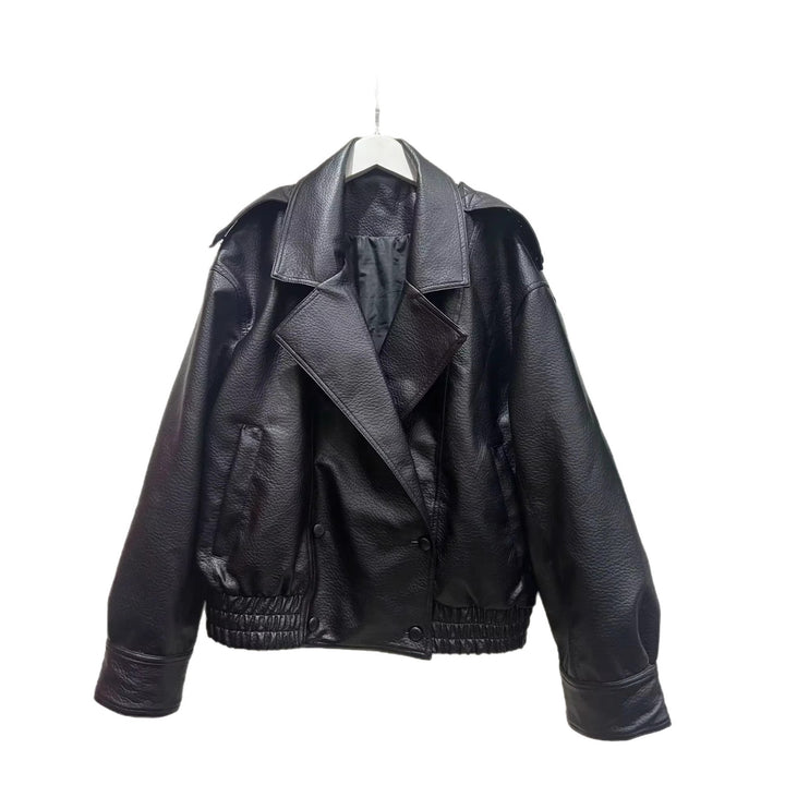 Women's cropped double-breasted faux leather blouson with wide collar and elastic hem Mune Fashion
