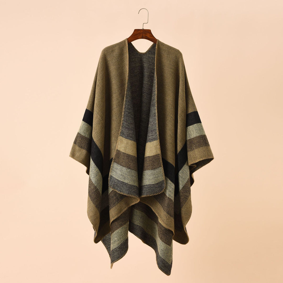 Ladies Open Knit Cape Poncho with Contrasting Color Block Stripes and Decorative Stitch Mune Fashion