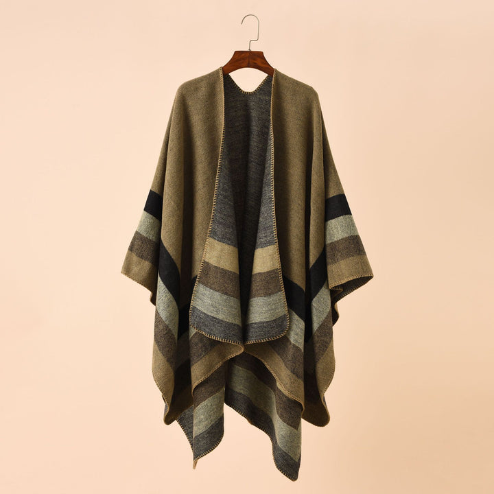 Ladies Open Knit Cape Poncho with Contrasting Color Block Stripes and Decorative Stitch Mune Fashion