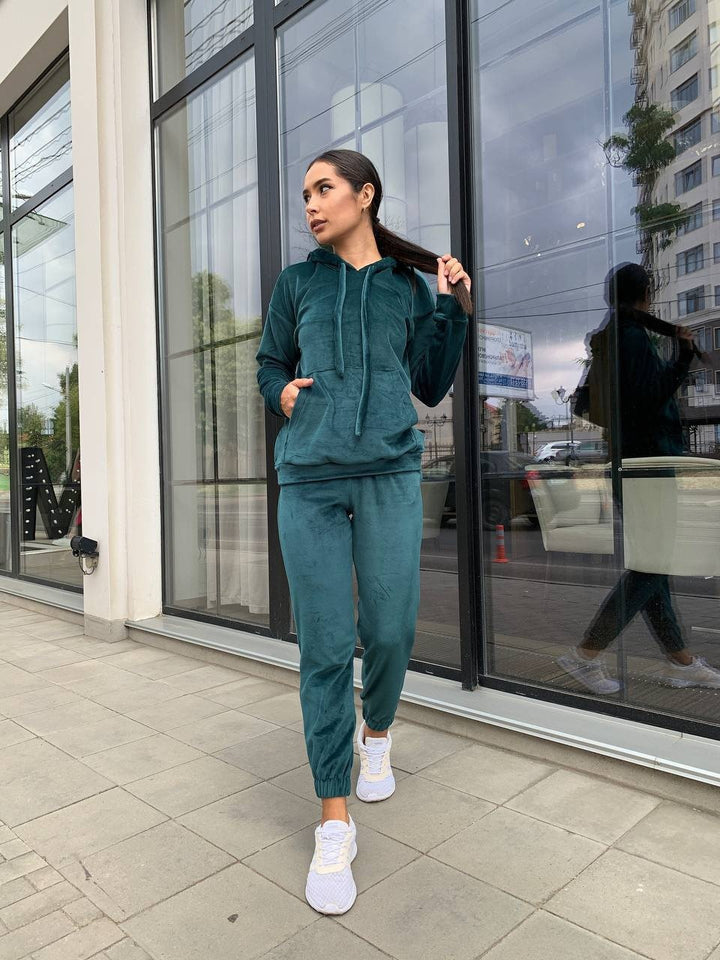 Women's Velvet Loungewear Set with Cropped Hoodie and Drawstring Joggers Mune Fashion