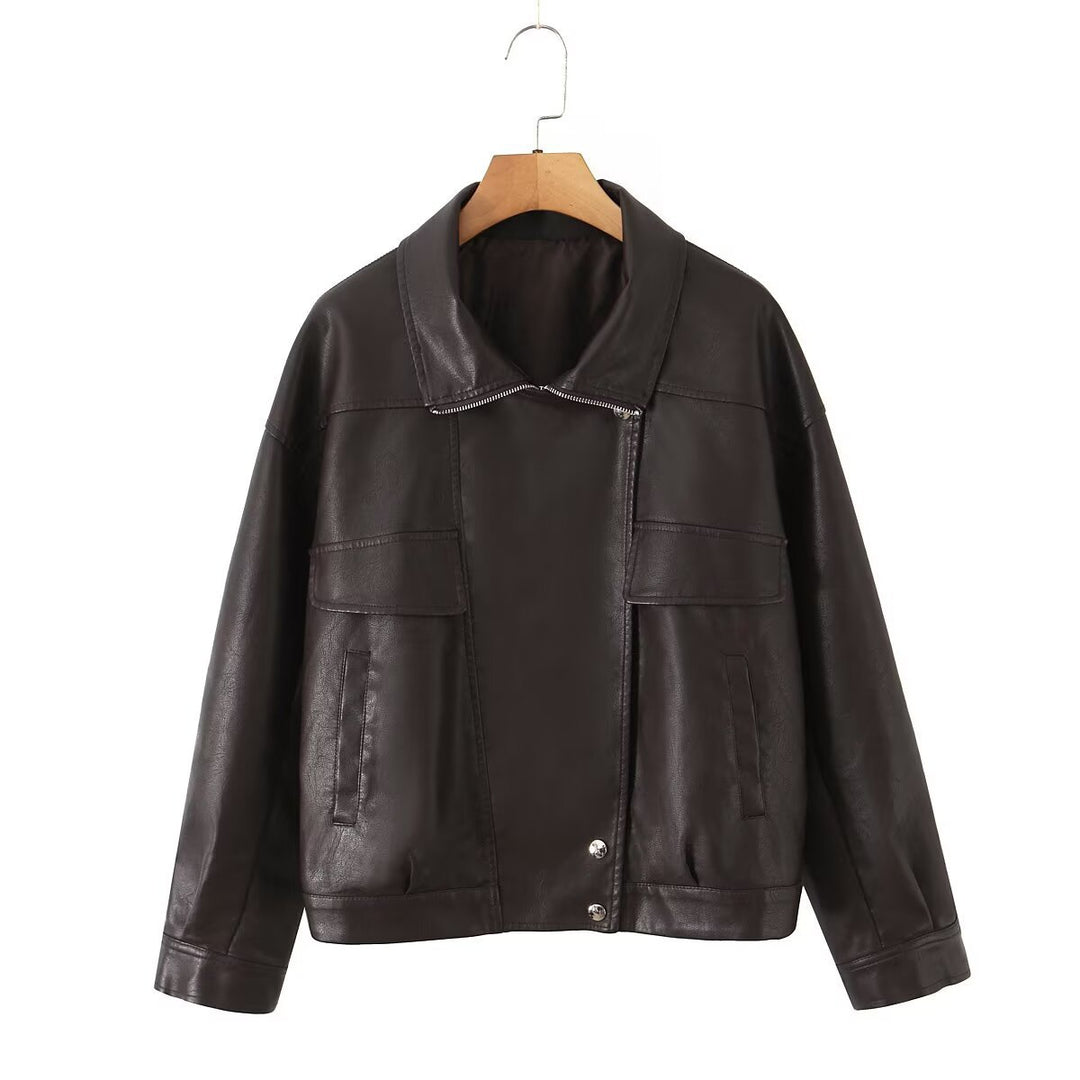 Women Oversized Faux Leather Bomber Jacket with Flap Pockets and Asymmetrical Zipper Mune Fashion
