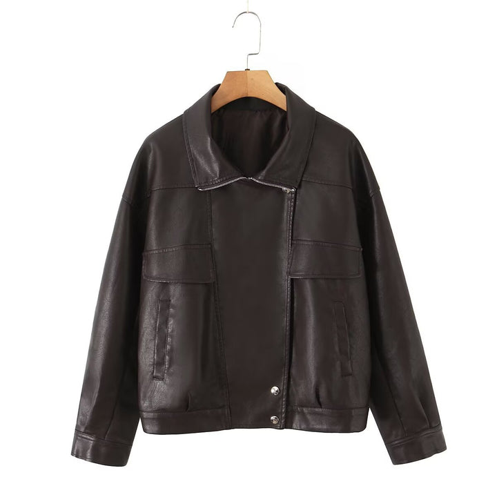 Women Oversized Faux Leather Bomber Jacket with Flap Pockets and Asymmetrical Zipper Mune Fashion