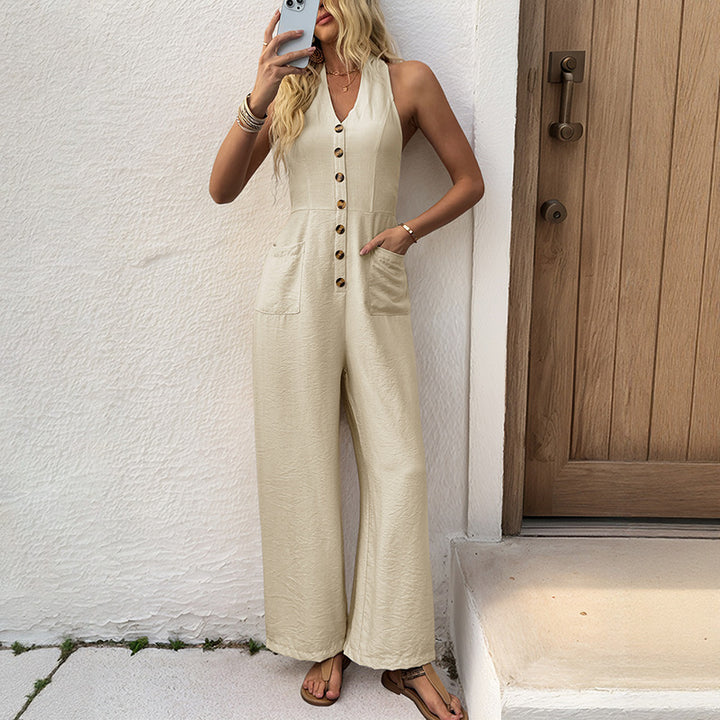 Women Sleeveless Linen Look Jumpsuit with V-Neck, Button Placket and Wide Leg Mune Fashion