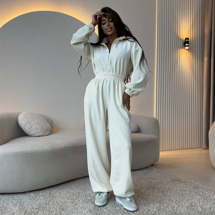 Women's Oversized Loungewear Jumpsuit with Half Zipper and Elastic Waist Gathering Mune Fashion