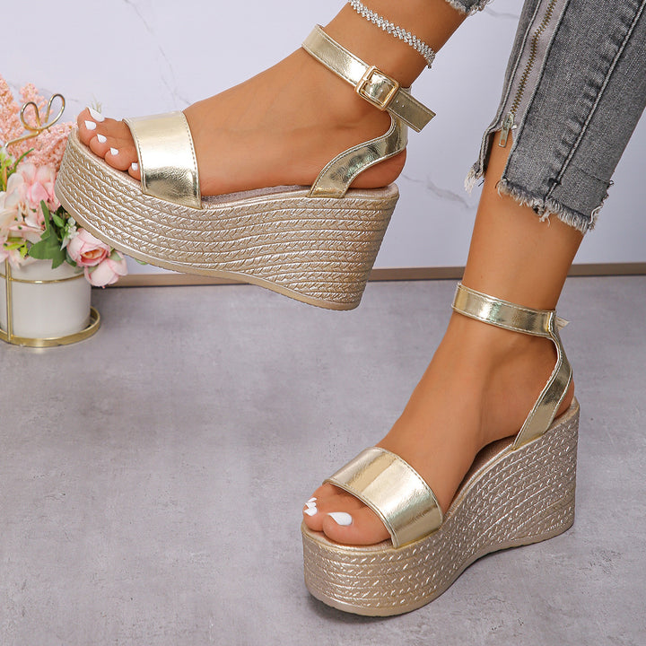 Women’s elegant wedge sandals with woven sole profile, padded comfort footbed, and adjustable ankle strap Mune Fashion