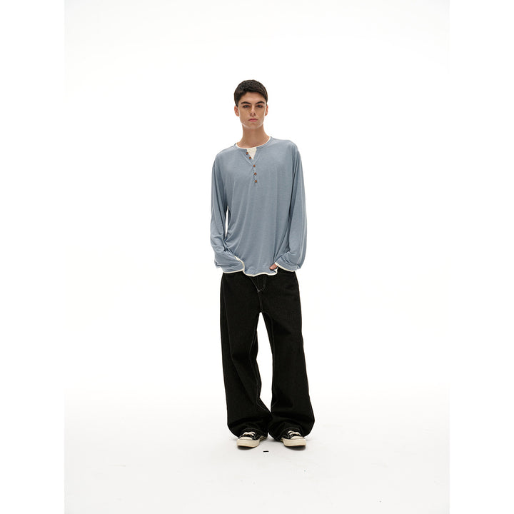 Unisex cotton blend henley shirt with double-layer collar and wooden button placket Mune Fashion