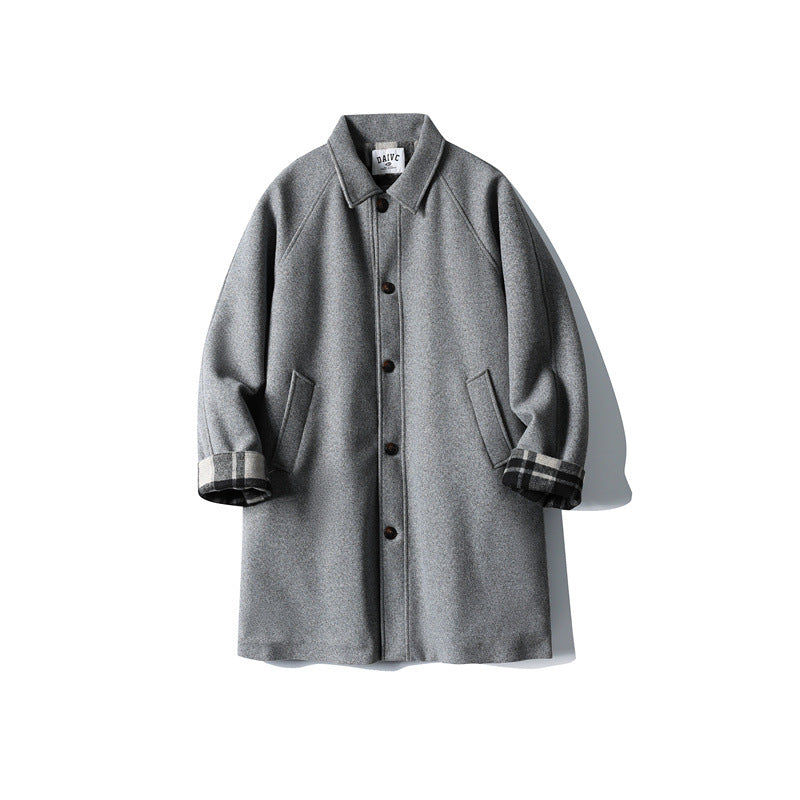 Men's Wool Blend Coat with Checked Lining, Raglan Sleeves and Classic Shirt Collar Mune Fashion