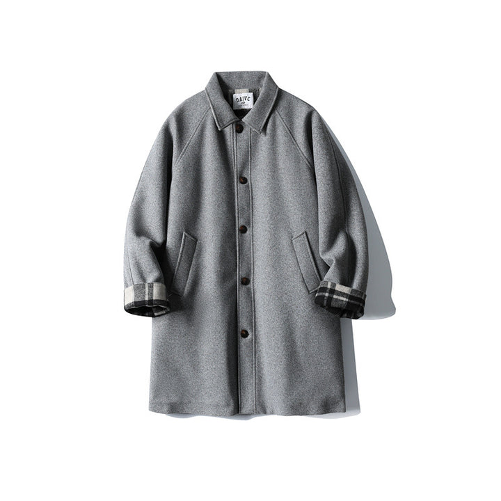Men's Wool Blend Coat with Checked Lining, Raglan Sleeves and Classic Shirt Collar Mune Fashion