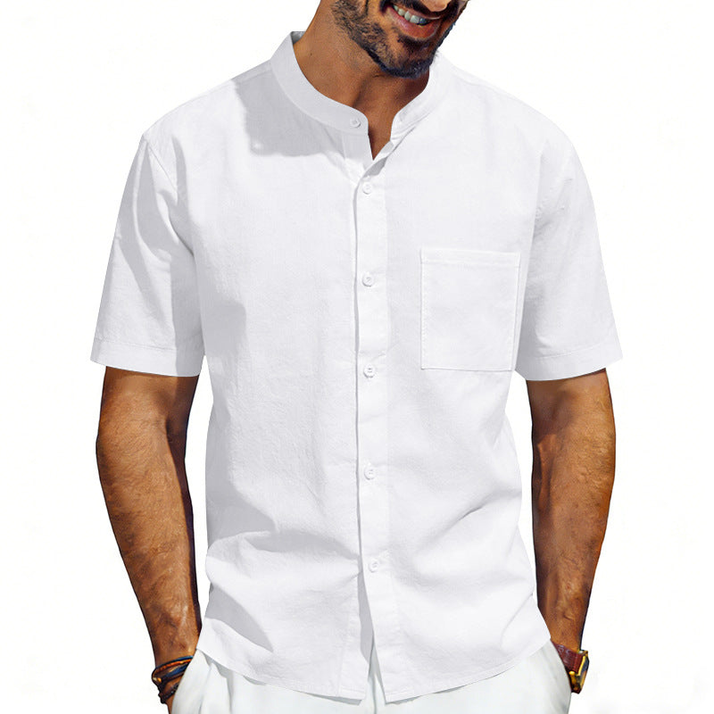 Men's short-sleeved linen shirt with stand-up collar and chest pocket Mune Fashion