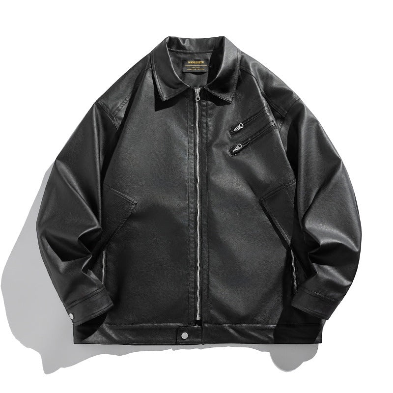 Unisex Boxy Faux Leather Blouson Jacket with Shirt Collar, Diagonal Chest Zip and Snap Hem Mune Fashion
