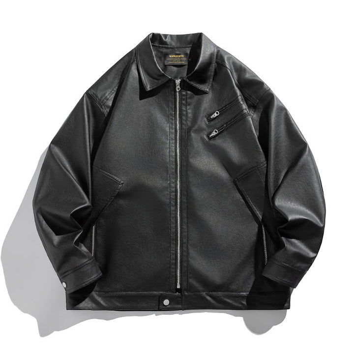 Unisex Boxy Faux Leather Blouson Jacket with Shirt Collar, Diagonal Chest Zip and Snap Hem Mune Fashion