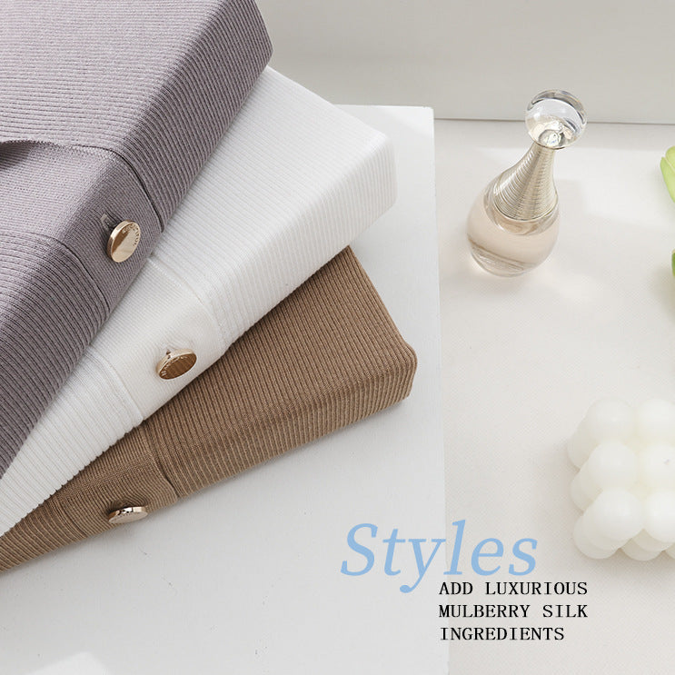 Ladies short sleeve ribbed knit cardigan with lapel collar and decorative button placket Mune Fashion