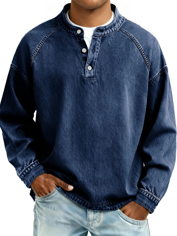 Men's faded Henley shirt with stand-up collar, loose fit and button placket Mune Fashion