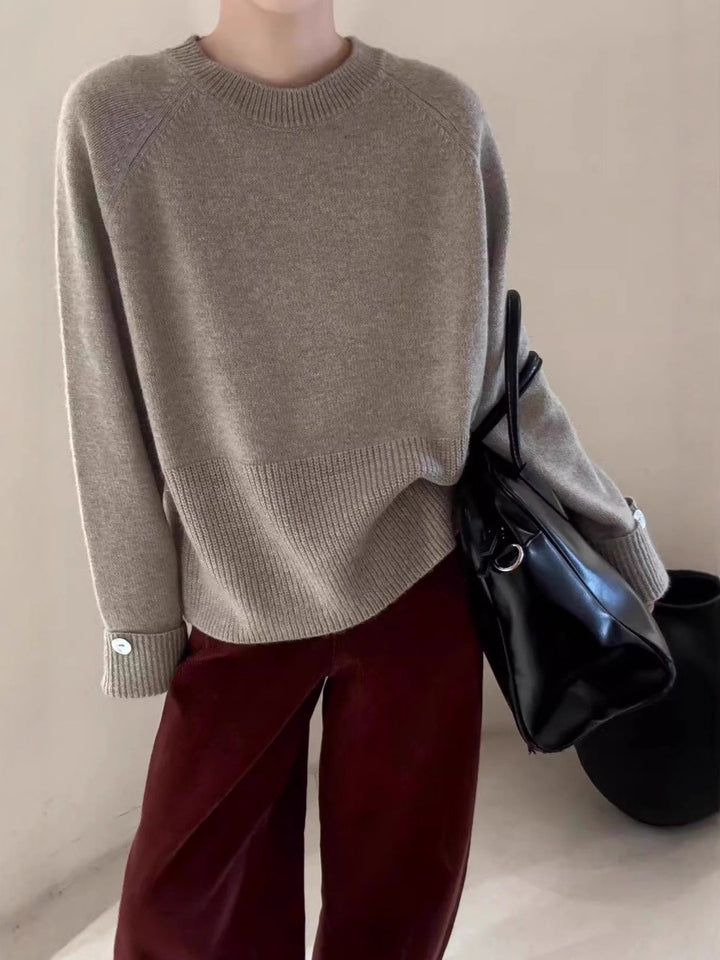 Women's Oversize Crew Neck Sweater with Extended Cuffs and Decorative Button Mune Fashion