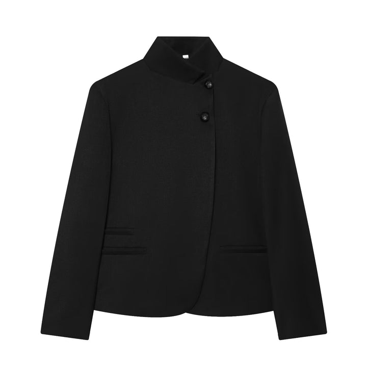 Women’s short-cut blazer with stand-up collar, asymmetrical closure, and piping pockets Mune Fashion