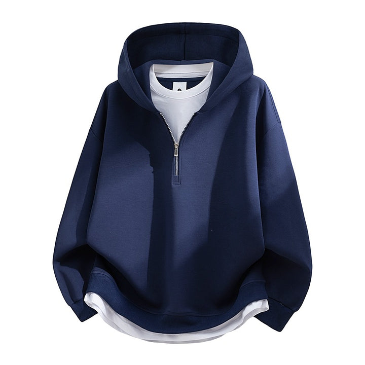 Unisex Oversize-Halfzip-Hooded Sweatshirt with Layered Look, Rounded Hem & Ribbed Cuffs Mune Fashion