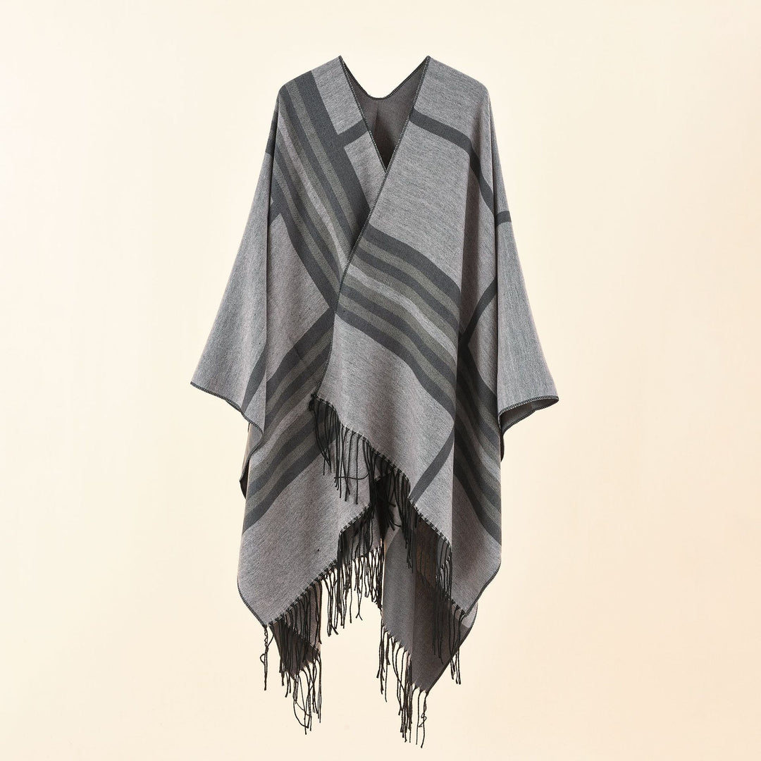 Women Kastiger Ruana Wrap with Fringes and Diagonal Stripe Jacquard Mune Fashion