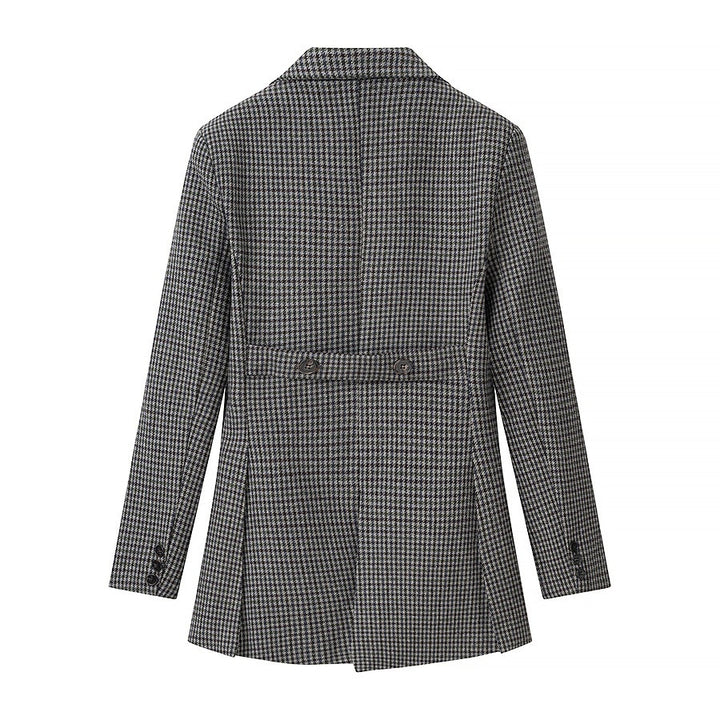 Women Houndstooth Blazer Inspired by Morning Coat with Cutaway Hem and Double-Breasted Button Placket Mune Fashion