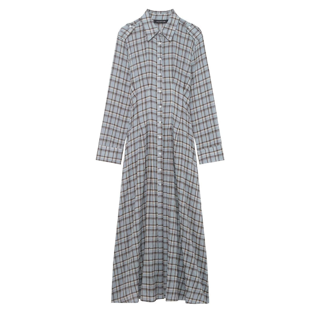 Women's Long Checked Shirt Dress with Full Button Placket and A-Line Silhouette Mune Fashion
