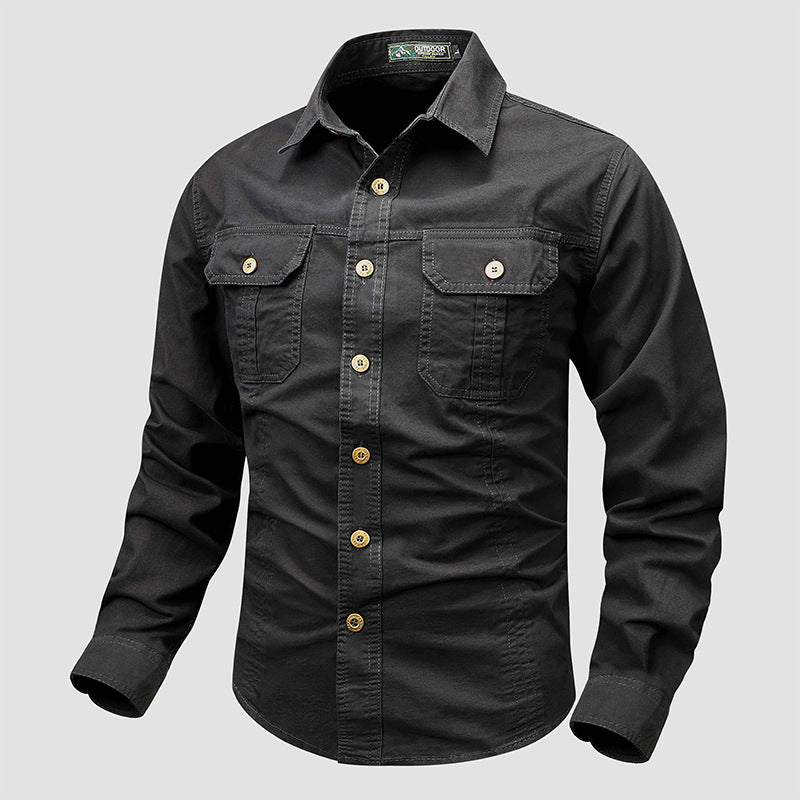 Men's rugged canvas shirt with double breast pockets and continuous button placket