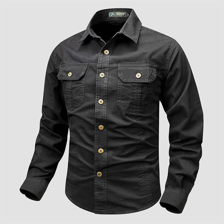 Men's rugged canvas shirt with double breast pockets and continuous button placket