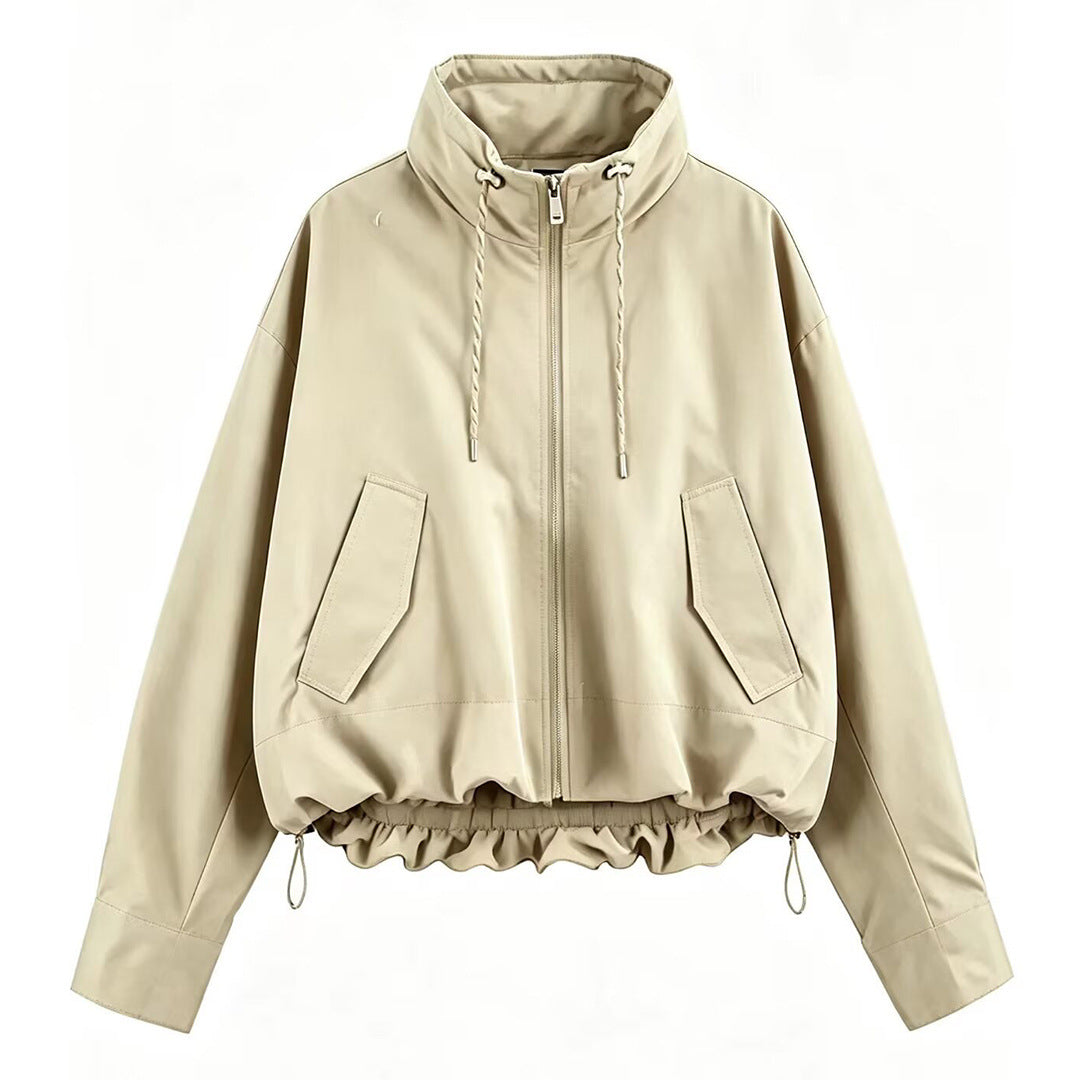 Women's Cropped Oversize Windbreaker with high funnel collar, drawstring and gathered elastic waistband Mune Fashion