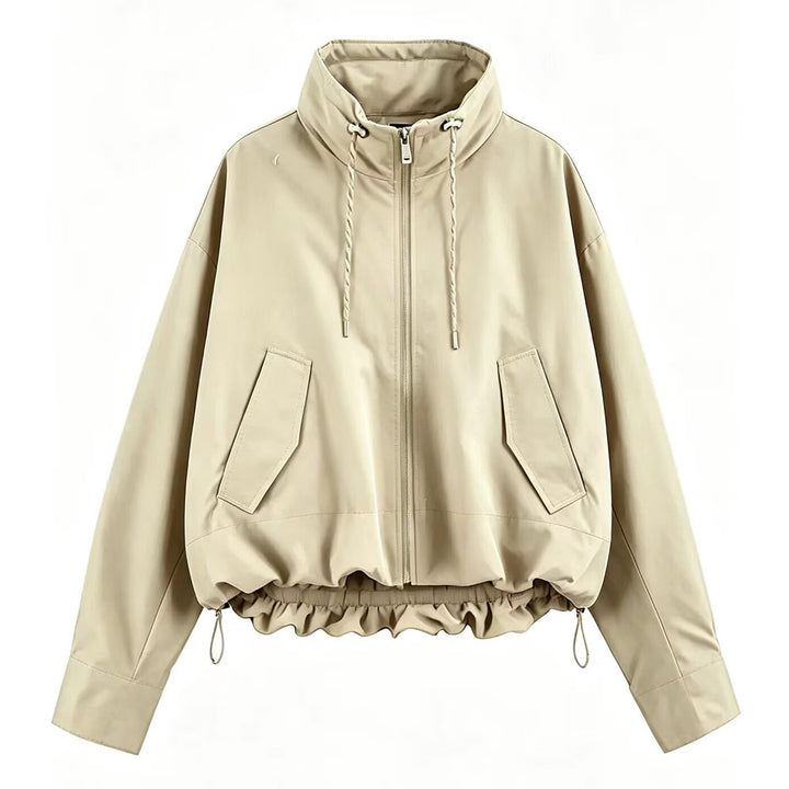 Women's Cropped Oversize Windbreaker with high funnel collar, drawstring and gathered elastic waistband Mune Fashion